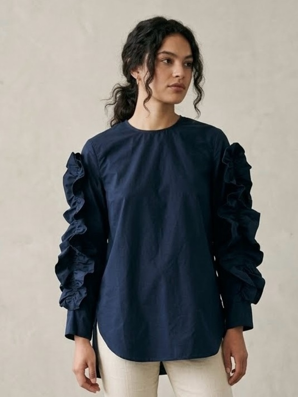 Fabiana Pigna Navy Ruffle Sleeve Cotton Blouse Top S